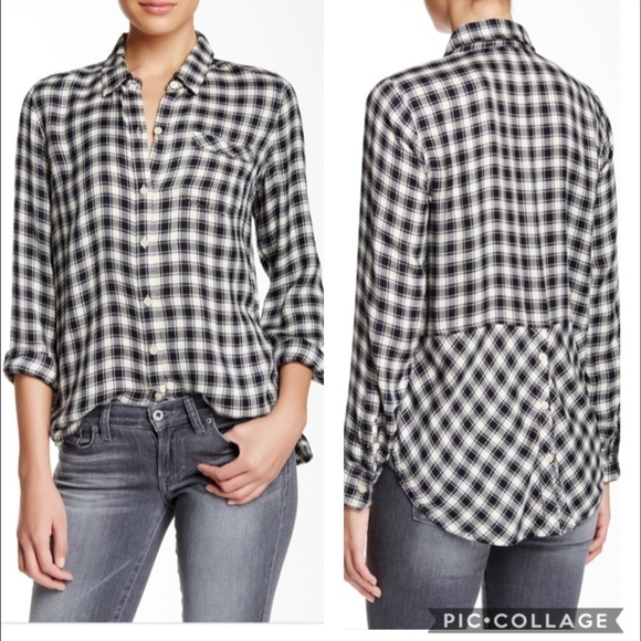 Lucky Brand Boyfriend Flannel Plaid Black and White Blouse Size S - Picture 1 of 6